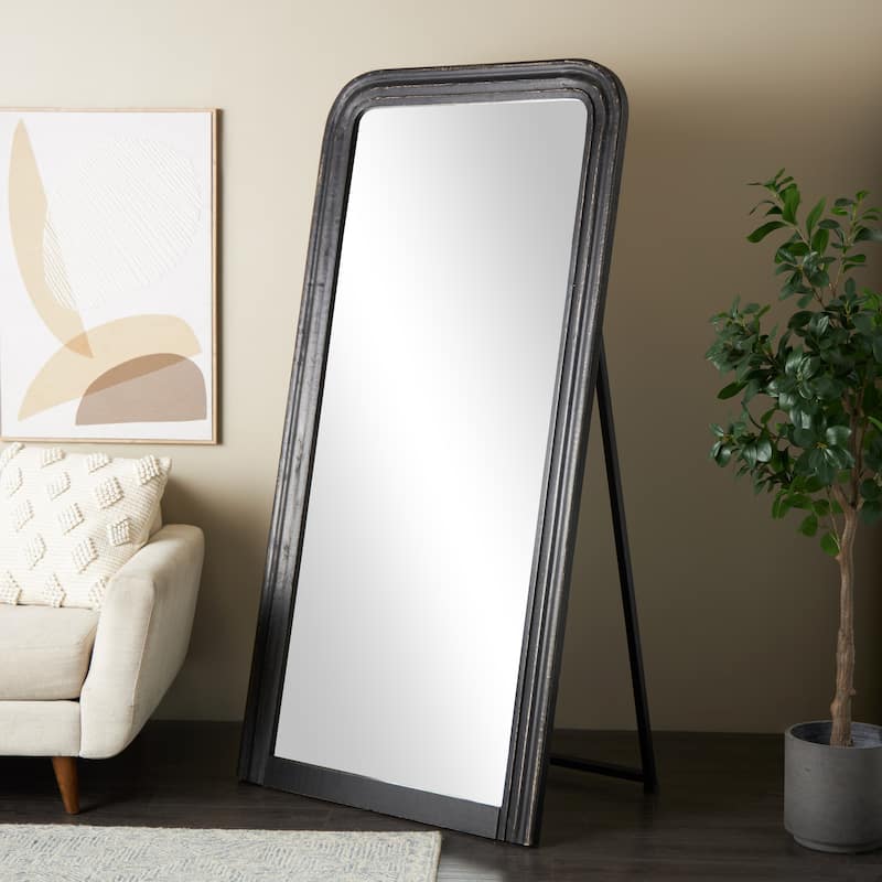 Mango Wood Distressed Room Floor Mirror with Carved Grooves - Black or Brown - Roche River Decor