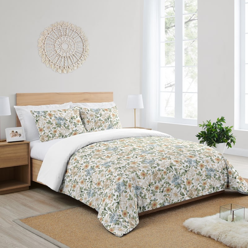 Vintage Floral Blue Yellow Girl 3pc Full/Queen Comforter Set Green Gold Orange Taupe White Shabby Chic Rose Flower Boho Bohemian
