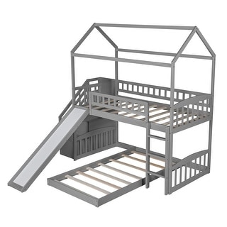 Gray Twin Over Twin PlayHouse Perpendicular Bunk Bed with Slide - Bed ...