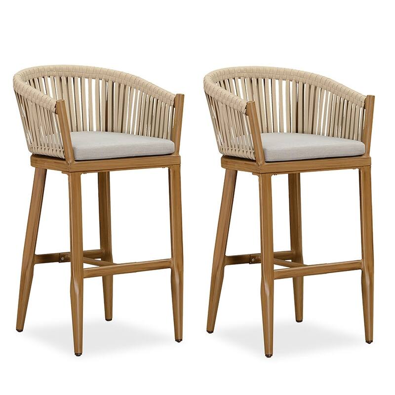 PURPLE LEAF Outdoor Bar Stools Set of 2 Patio Metal Modern Wicker Bar Chairs Woven Aluminum Barstools - Bar Height Teak