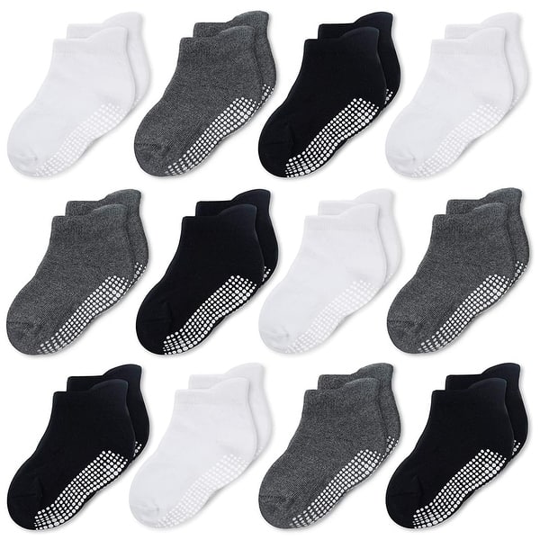 slide 2 of 6, CozyWay Ankle Grip Socks Black/White/DarkGray - 12 pair, 1-3 Years, Unisex