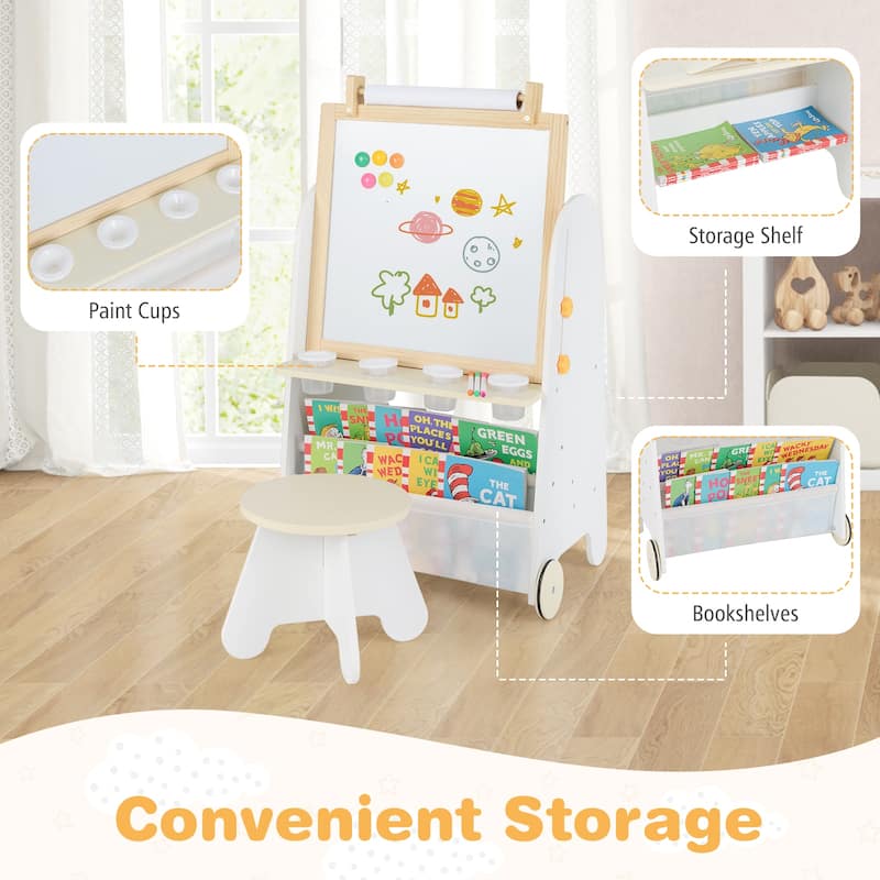 Kids 4 in 1 Art Easel and Desk with Stool Adjustable Height Whiteboard Chalkboard Paper Roll and Storage for Drawing