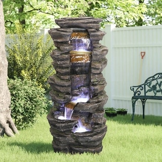 40-inch Outdoor Floor Water Fountain with Lights Rockery Waterfall