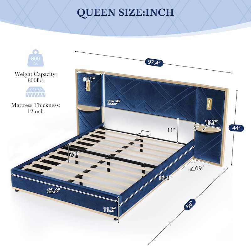 Christopher Knight Home - Voss Velvet Upholstered Bed with 2 Built-in LED Lights and 2 Storage Side Panels
