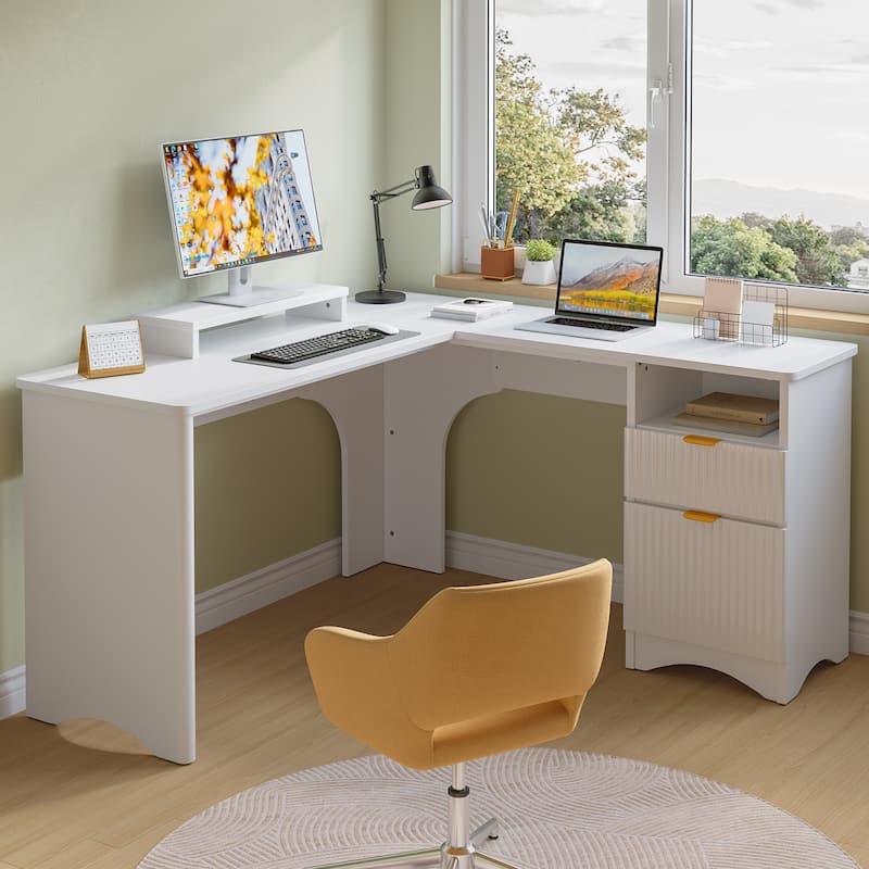 Bestier 56"W Modern L-Shaped Corner Computer Desk With Filing Drawer - White