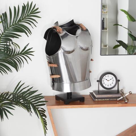 Shining Silver Iron Vintage Armor Decor with Leather Details - 17 x 14 x 23