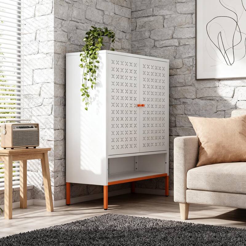 Anmytek Grid Double Door Shoe Cabinet with Adjustable Shelves & Hollow Shoe Storage, 15cm Moisture-Proof High Foot Design