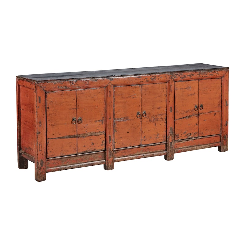 Antique 81-inch Amber Sideboard in Distressed Pine, Orange & Black