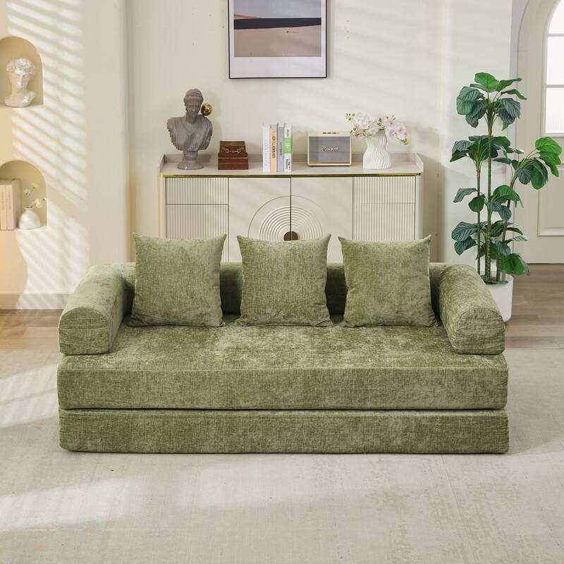 Comfy Convertiblewith Armrest Folding Mattress Couch - Green Chenille