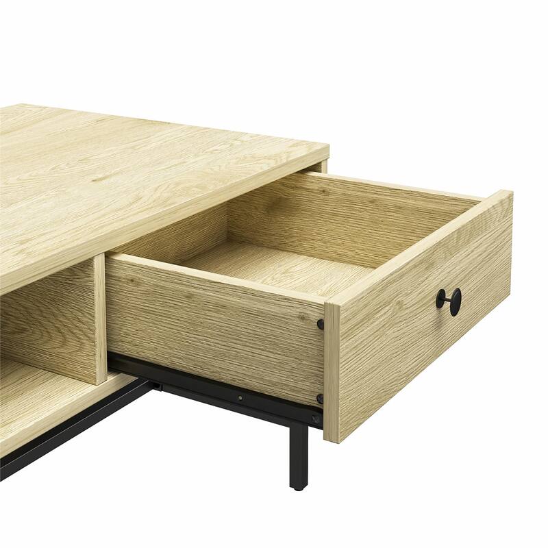 Roomfitters Brookville Coffee Table with Pass-Through Shelf and Side Drawer, Natural Wood