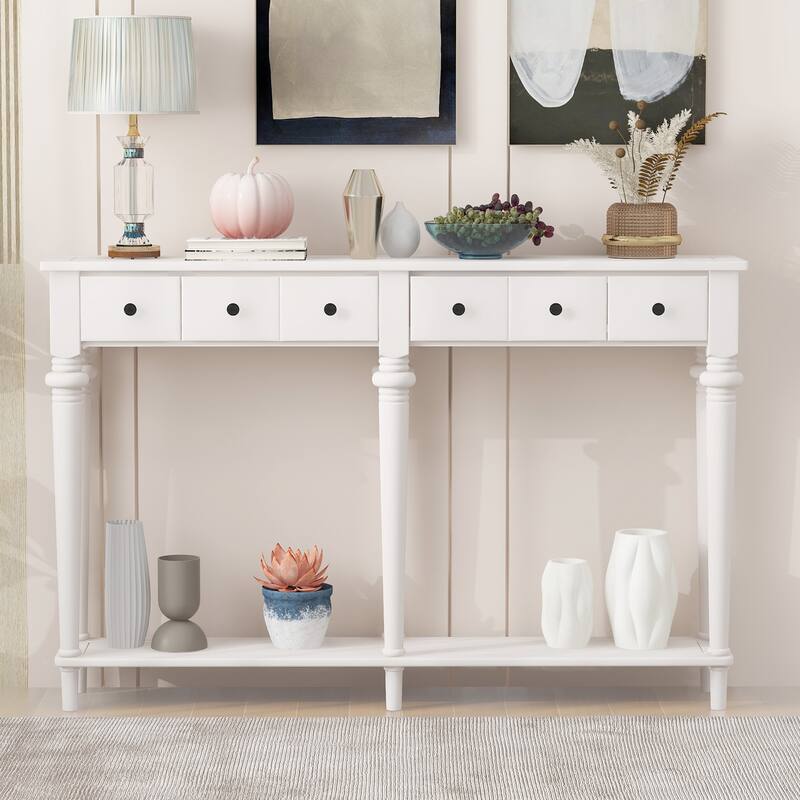 Versatile Hallway Table Side Table with 4 Storage Drawers, Accent Table White Sofa Table with Bottom Open Shelf