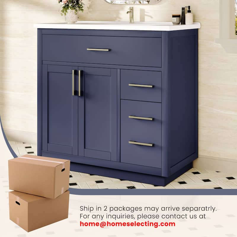 36" Free-Standing Bathroom Vanity with Marble Countertop-Soft-Close Drawers & Cabinet