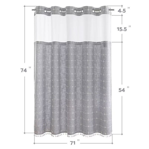 dimension image slide 2 of 4, No Hook Geometric Tassels Shower Curtain with Snap-in Liner