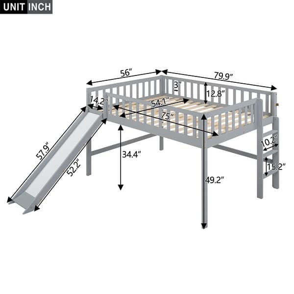 dimension image slide 0 of 2, Full Low Loft Bed with Ladder & Slide, White