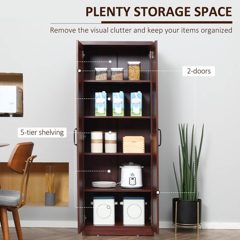 63" 2-Door Kitchen Pantry with 5-Tier Shelving and Adjustable Shelves
