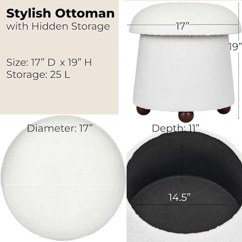 Modern Mushroom Round Ottoman with Storage and Plush Teddy Upholstery