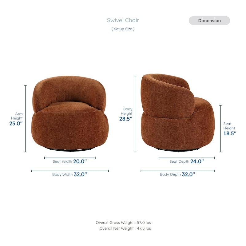 Fremont & Park Rhea 32" Dia Chenille Swivel Chair - 360-Degree Metal Swivel Base