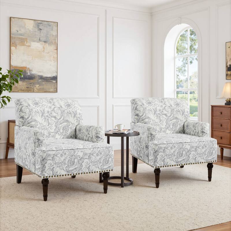 Linen Upholstered Armchair Nailhead Trim Accent Chair - 2 SET - ROCOCO LIGHT GRAY
