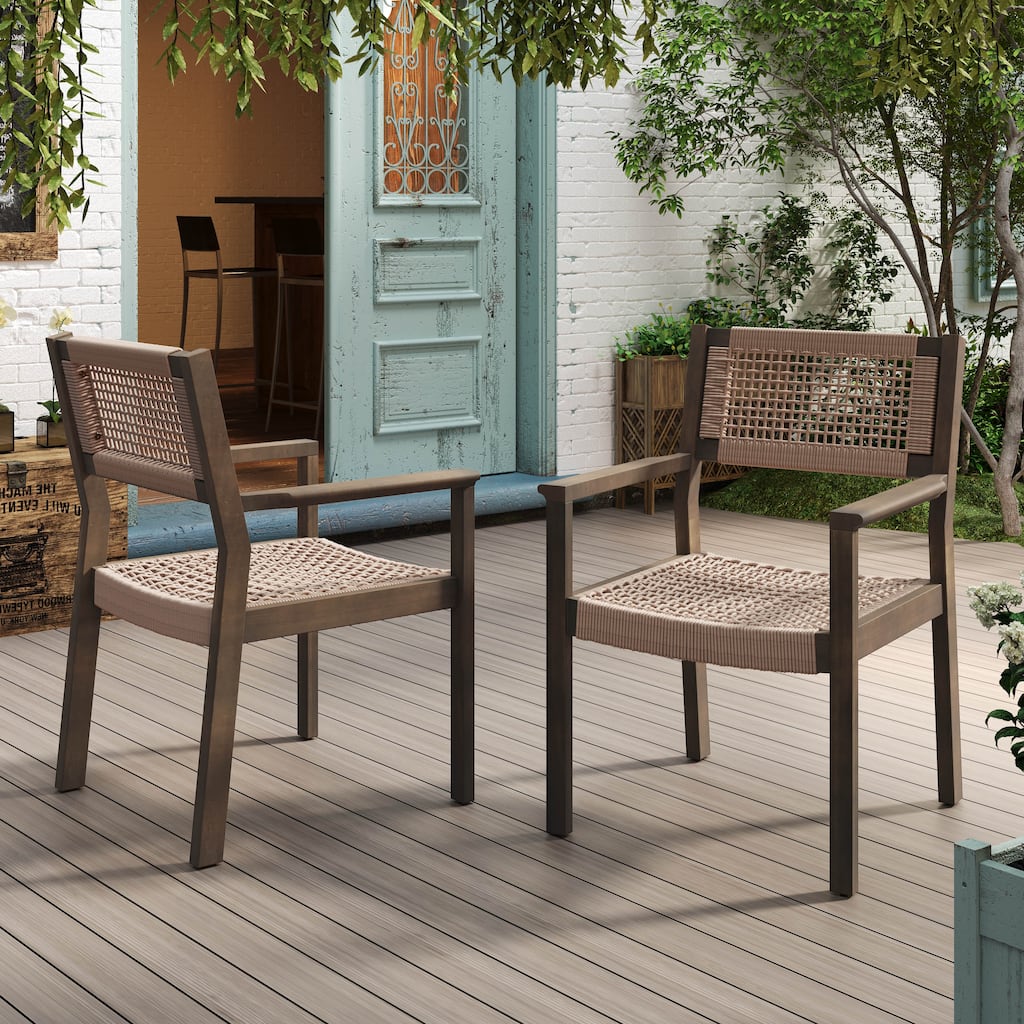 2pc Braided Dining Chair Set Light Brown Grey Acacia Wood Rope Outdoor Patio 35in