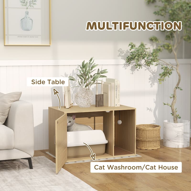 Modern Oak Cat Litter Box Furniture with Rattan Door and Storage Top Scratching Pad Included