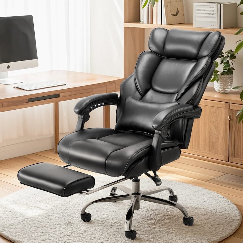 Office Chair with Footrest-Ergonomic Computer Chair with Extra Lumbar Support Pillow, Thick Bonded Leather