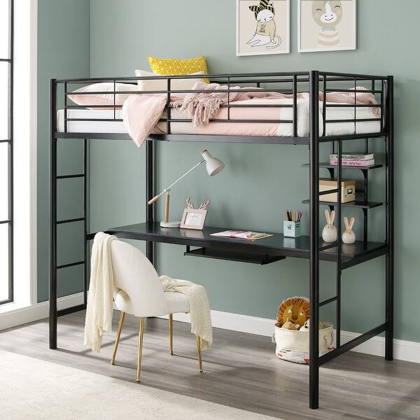 slide 2 of 10, Middlebrook Abner Black Metal Twin Loft Bed with Desk Black