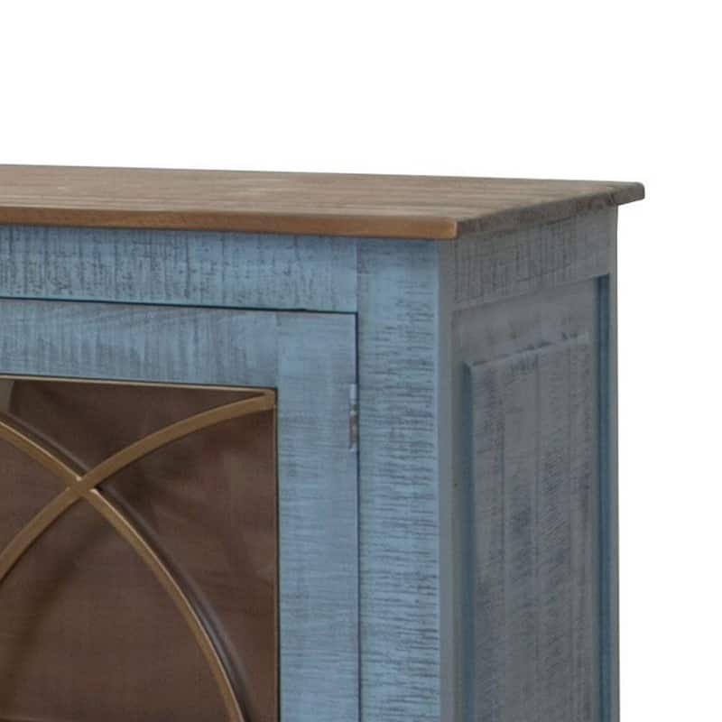Miln 77 Inch Sideboard Console, Blue Pine Wood, 4 Doors, Gold Accents