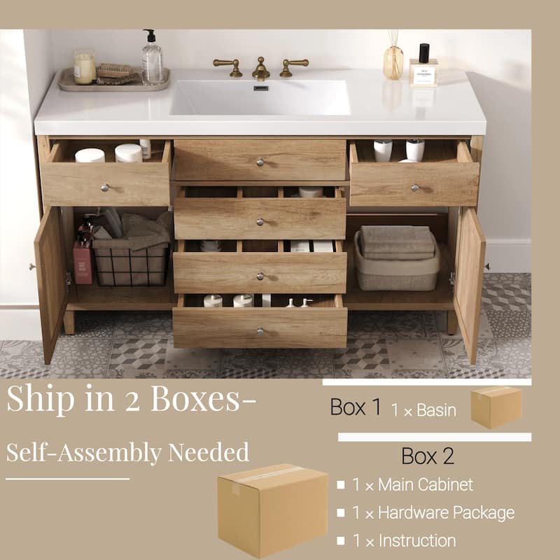 60 Inch Bathroom Vanity with Single SMC Sink, 5 Soft-Close Drawers, Rattan Door Cabinets, Freestanding Cabinet with Pine Legs