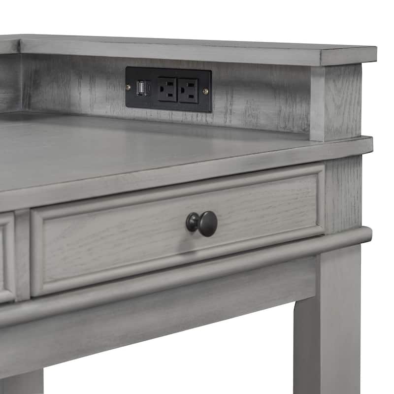 4-Piece Retro Dining Set Dining Table with USB with 3 Upholstered Stools