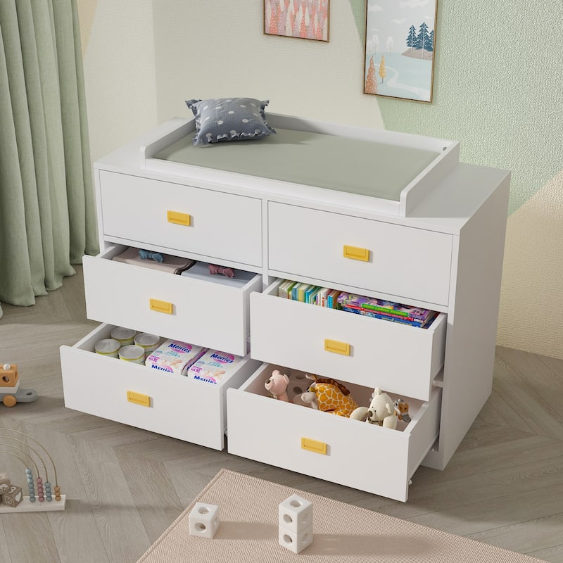 Dresser 6 Drawers With Baby Changing Table In White/Grey Golden Handle - 45.1"W