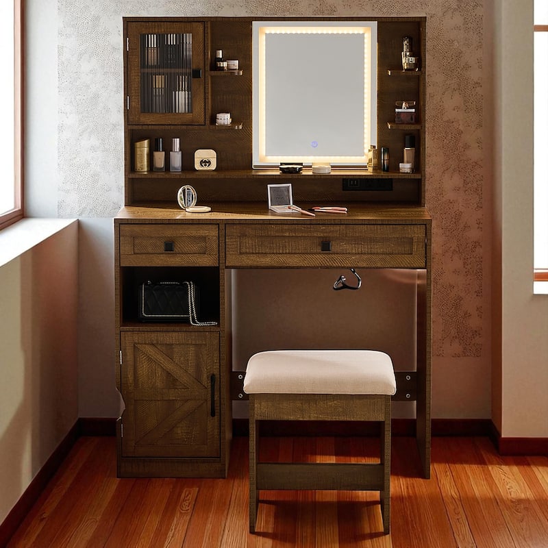 Farmhouse Makeup Vanity with Lighted Mirror, Charging Station, Stool, Drawers, Shelves and Side Cabinet - Rustic Brown