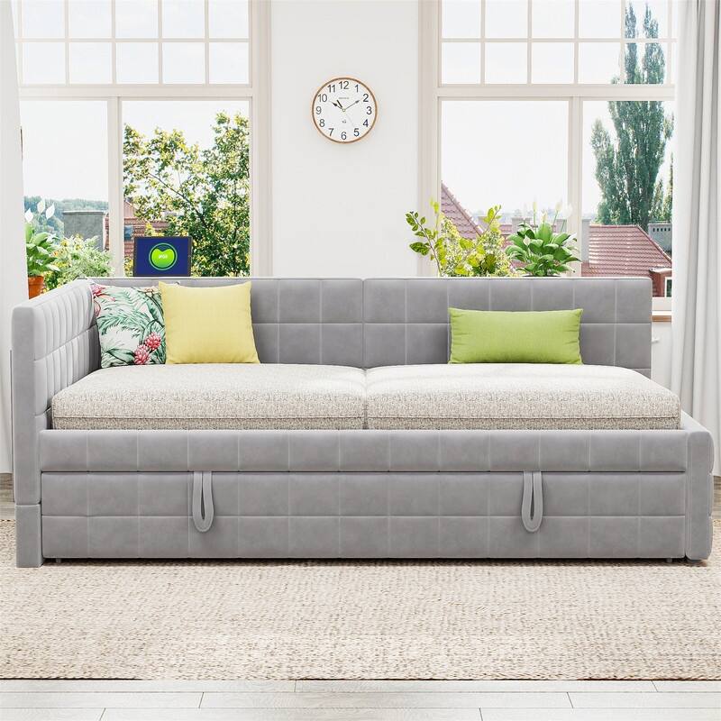 Full Size Upholstered Daybed with Twin Size Pop Up Trundle and USB Ports, Modern Daybed Frame Sofa Bed with L-Shaped Backrest