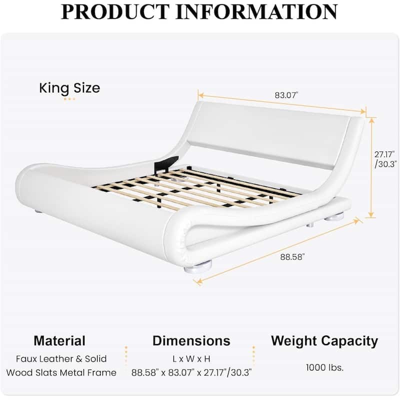 Upholstered White Platform Bed Frame with Curved Headboard and PU Leather