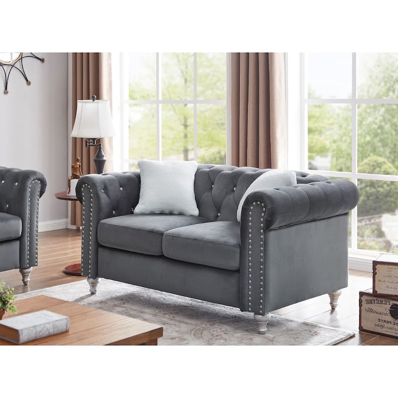 Tufted Faux Jewel Velvet 2-Seater Sofa with Throw Pillows - 60" - Gray