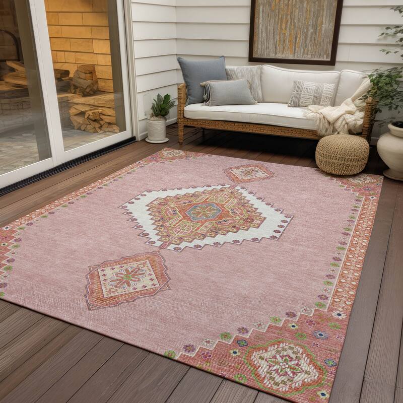 Machine Washable Indoor/ Outdoor Boho Traditional Chantille Rug - Pink - 5' x 7'6"