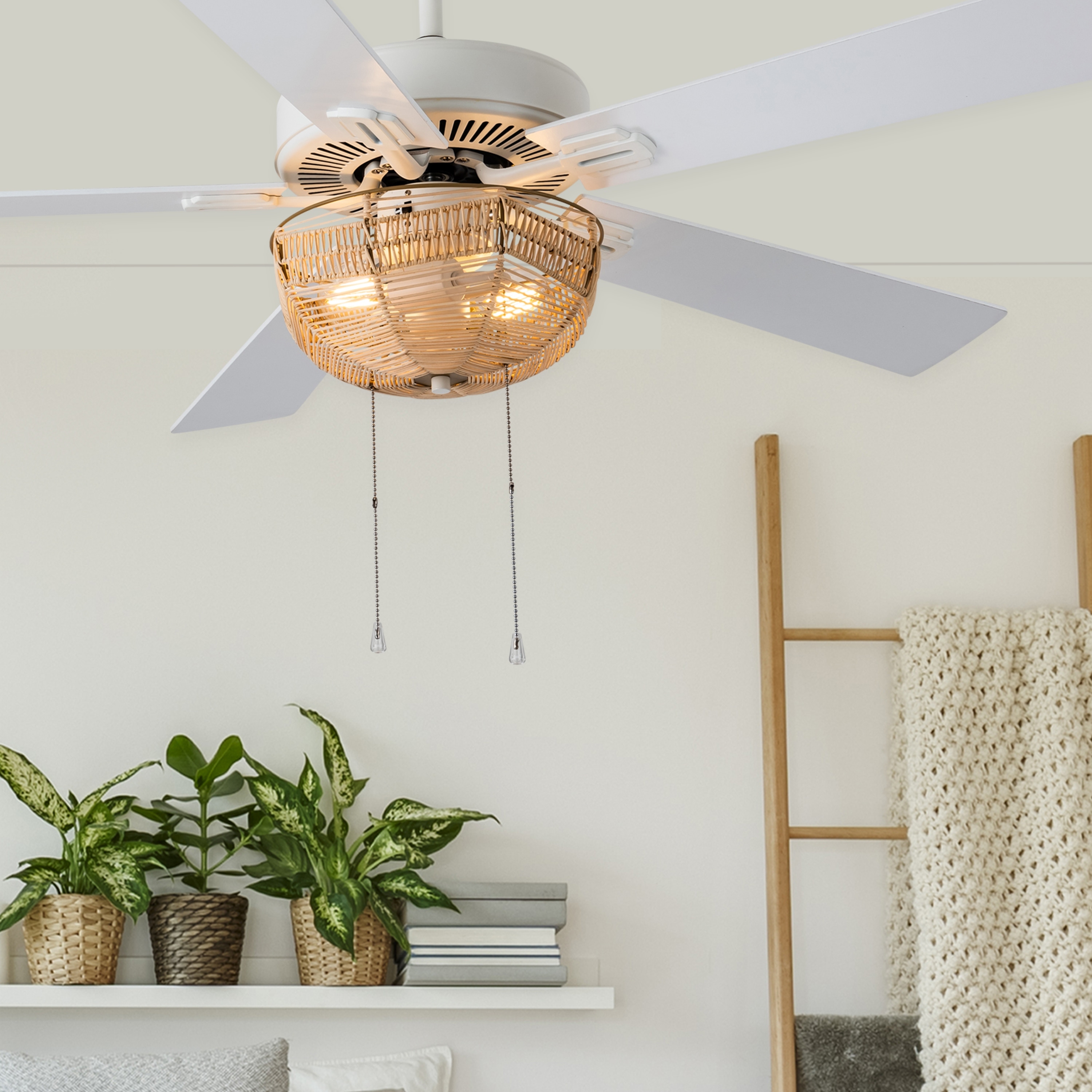 River of Goods Dylan White Metal and Rattan 52-inch 2-Light Ceiling Fan - 52" x 52" x 13.75"/18.75"
