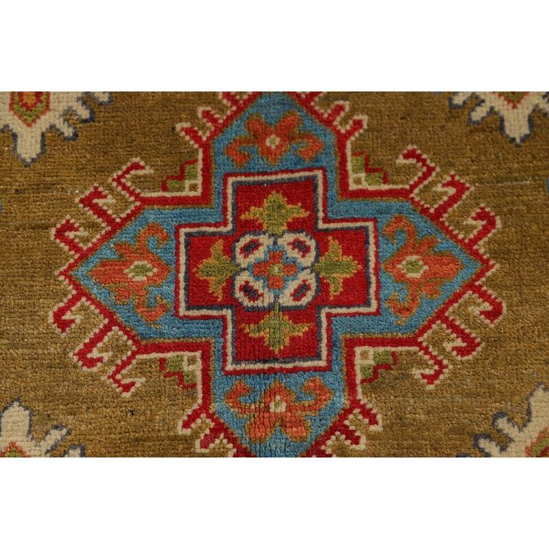Kazak Accent Rug Handmade Yellow Geometric Wool Carpet - 3'4" x 4'10"