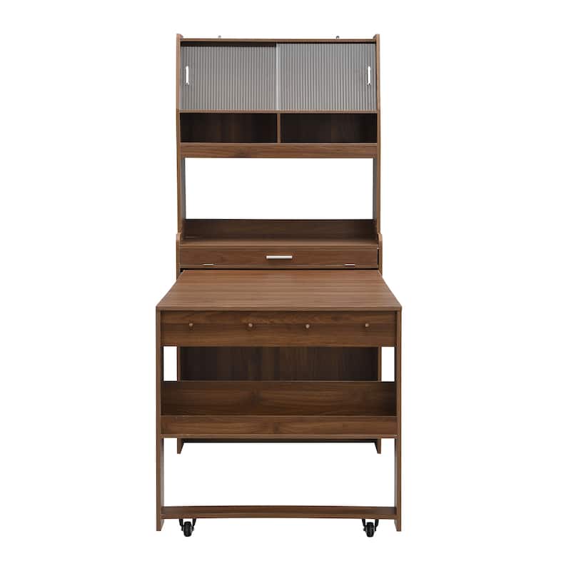 Multifunctional Buffet Hutch and Foldable Dining Table with Storage Unit and Rolling Wheels for Small Spaces