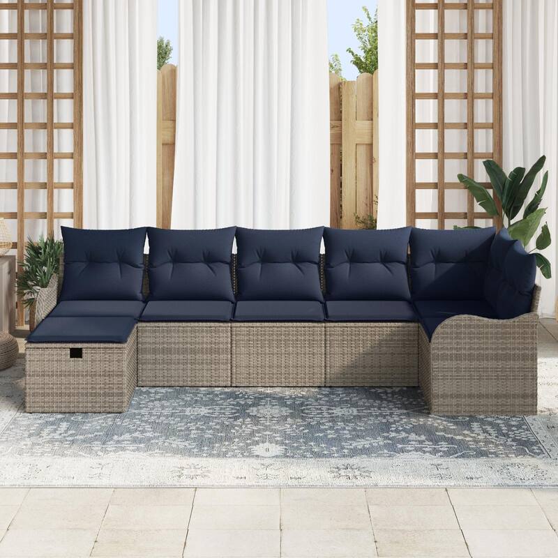 vidaXL 7/8 Garden Sofa Set with Cushions Black/Brown/Grey Poly Rattan - 113.2 x 48.2 x 27.2