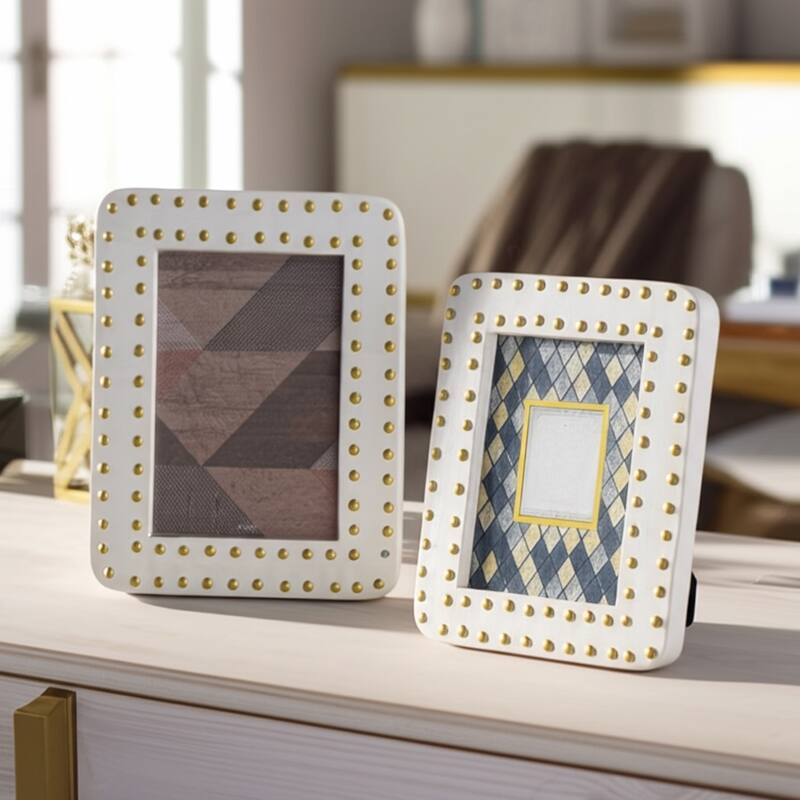 Wood Glass Photo Frame Studded Border Glam Modern Design - 9" Ivory - Ivory - 7" x 0.75" x 9"