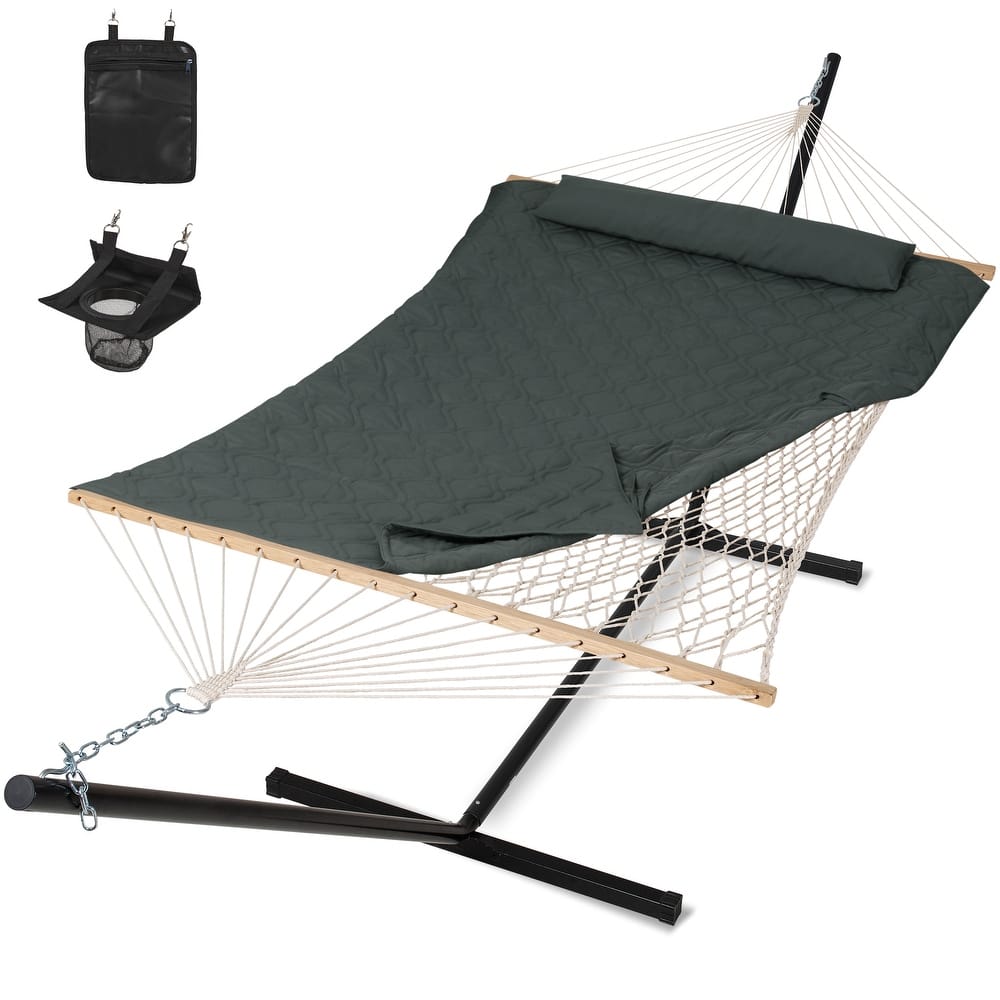 Rope Hammock with Detachable Pillow and Pad, 12FT Steel Stand Included