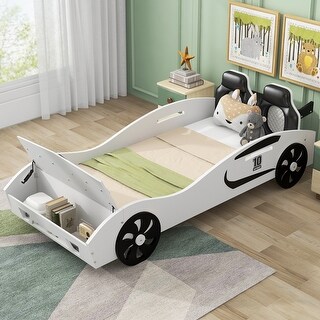 Adorable Twin Size Race Car-Shaped Platform Bed with Upholstered Backrest and Storage