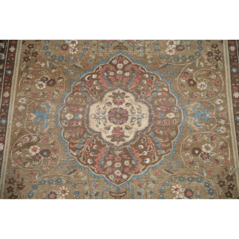 Hand Knotted Oriental 100% Wool Carpet Traditional Floral Green Tabriz Area Rug - 9' 5'' X 6' 4''