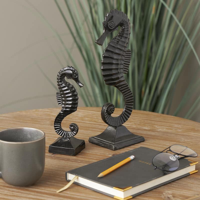 Aluminum Metal Sea Horse Decorative Sculpture with Square Bases - Set of 2 Black - Roche River Decor