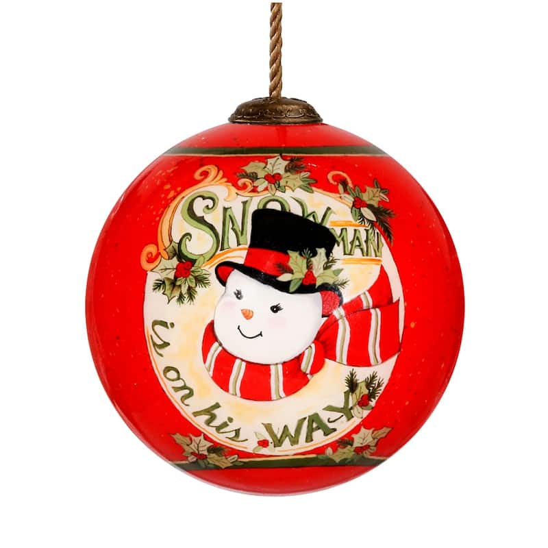 Snowman is on His Way Christmas Glass Ball Ornament - 3"