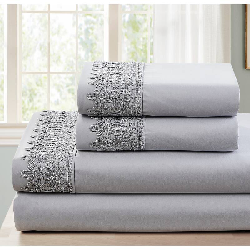 SL SPIRIT LINEN HOME EST. 1988 Lace Sheet Set - Double Brushed Microfiber - Light Grey - Twin