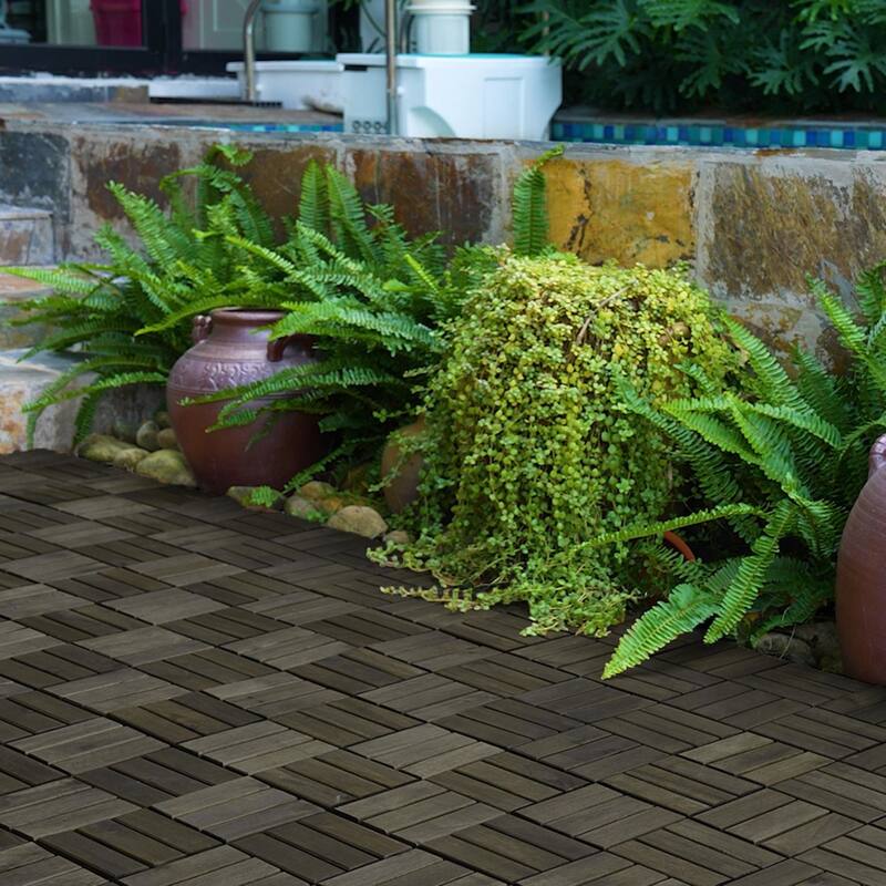 30 PCS Interlocking Deck Tiles Checker Pattern, 12" x 12" Square Acacia Hardwood Outdoor Flooring for Patio,Bancony,Pool Side