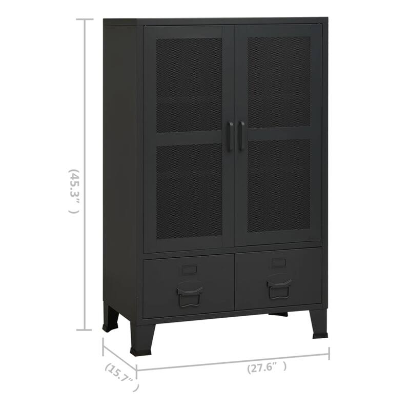 Coy Tall Storage Cabinet, 2 Drawers w 2 Mesh Front Doors, Metal Frame, Black