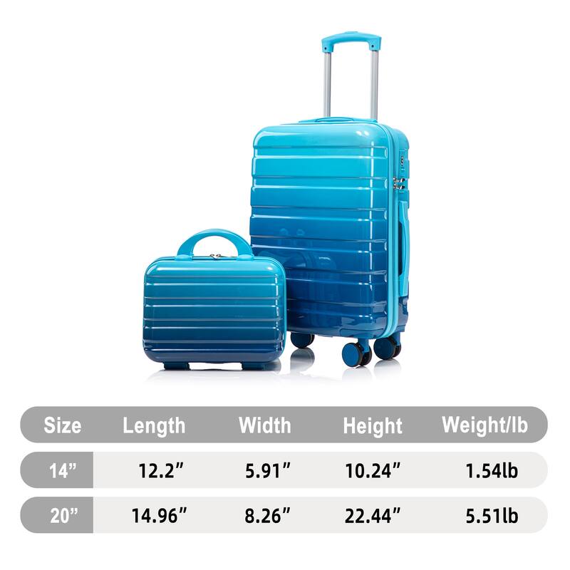 14In 20In 2 pcs in PC Spinner Wheel Luggage, Carry on Suitcase, With Gradient Color and Combination Lock