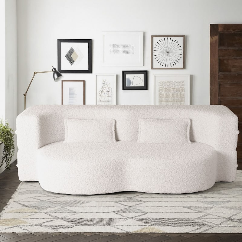 Modern Minimalist Compressed Upholstered Convertible Two-Seater Sofa Bed with 2 Pillows - Beige Teddy